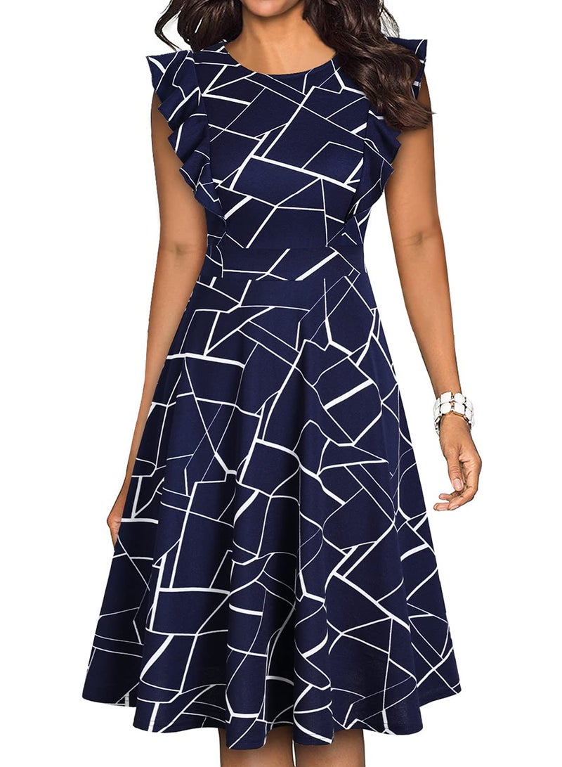 YATHON Women's Vintage Ruffle Floral Flared A Line Swing Casual Cocktail Party Dresses (S, YT001-Blue w Stripe) - Image 1